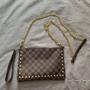 Studded Checkered Gold Chain Shoulder Cross-Body Bag Purse